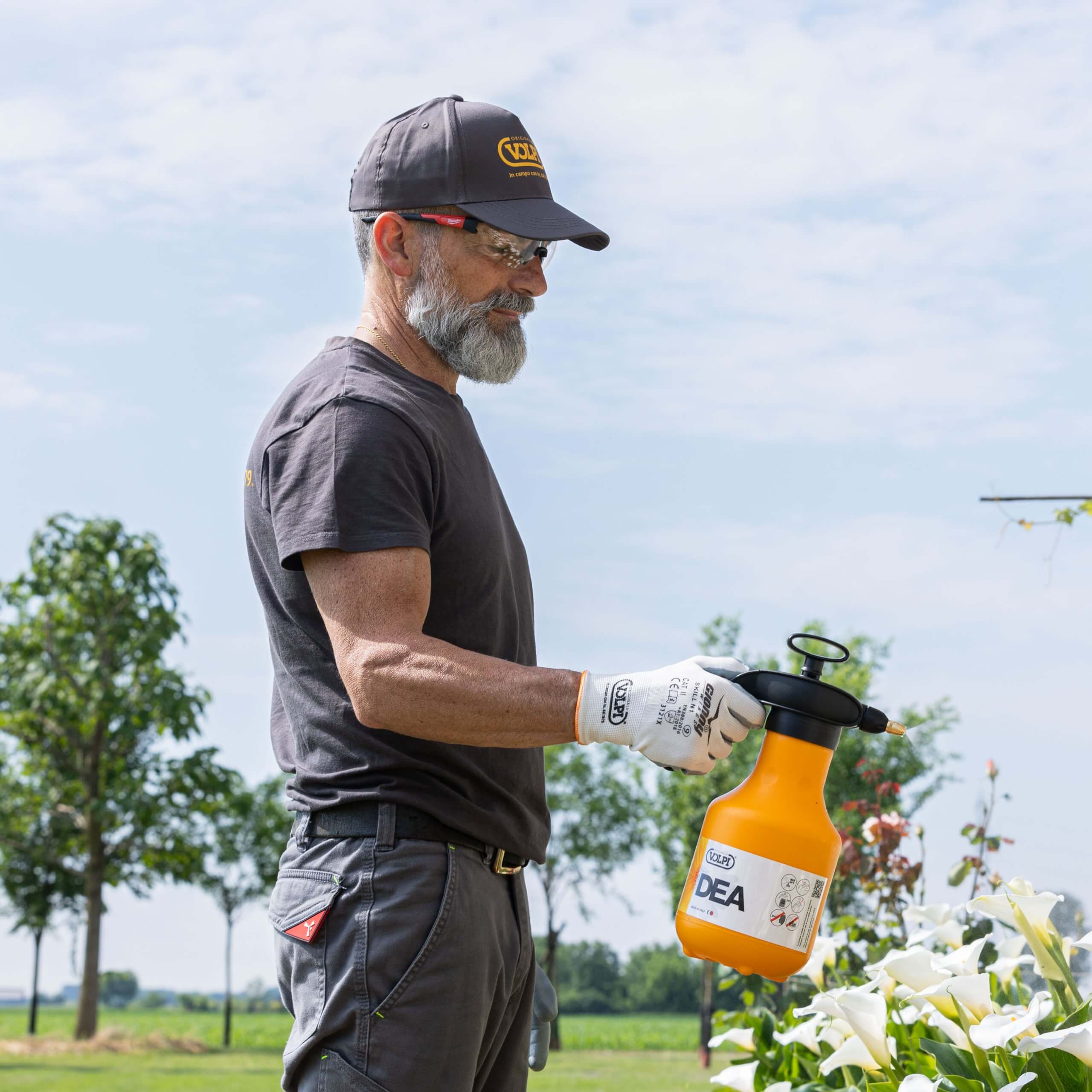 Uomo con spruzzatore piccolo che disinfesta piante giardino da zanzare