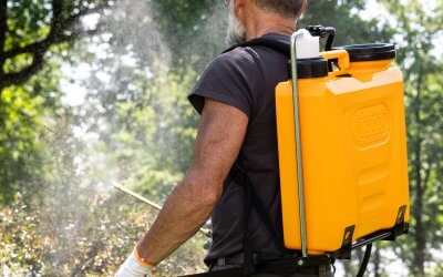 Uomo in giardino che effettua disinfestazione zanzare in autonomia con spruzzatore grande